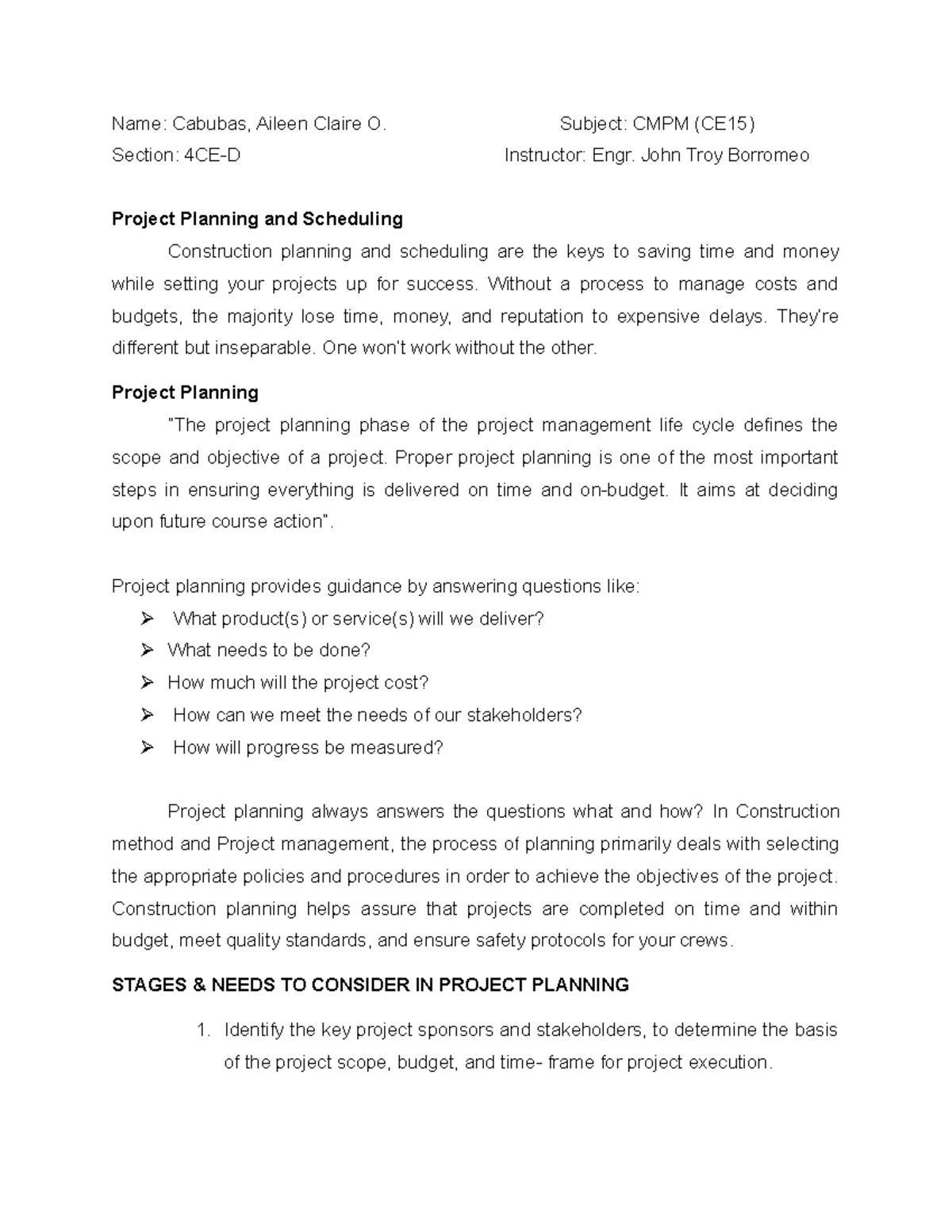 Planning and Scheduling - Name: Cabubas, Aileen Claire O. Subject: CMPM ...