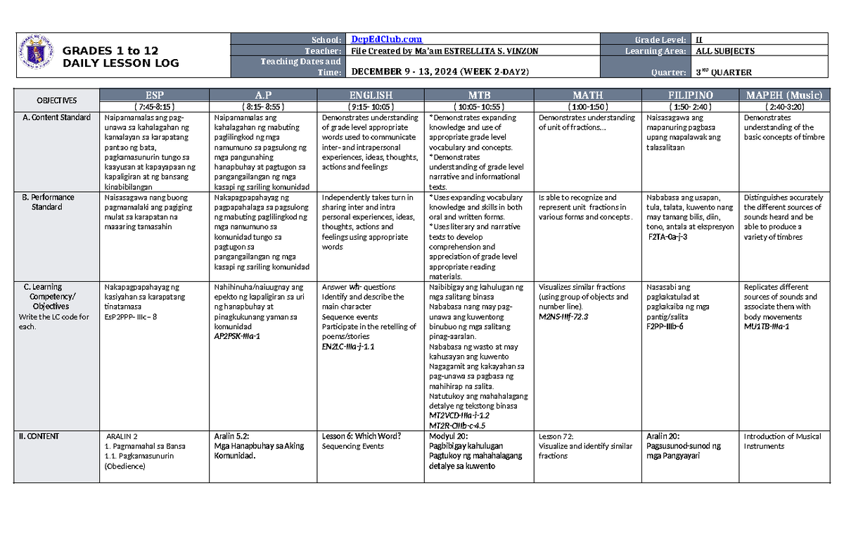 DLL ALL Subjects 2 Q3 W2 D2 - GRADES 1 to 12 DAILY LESSON LOG School ...