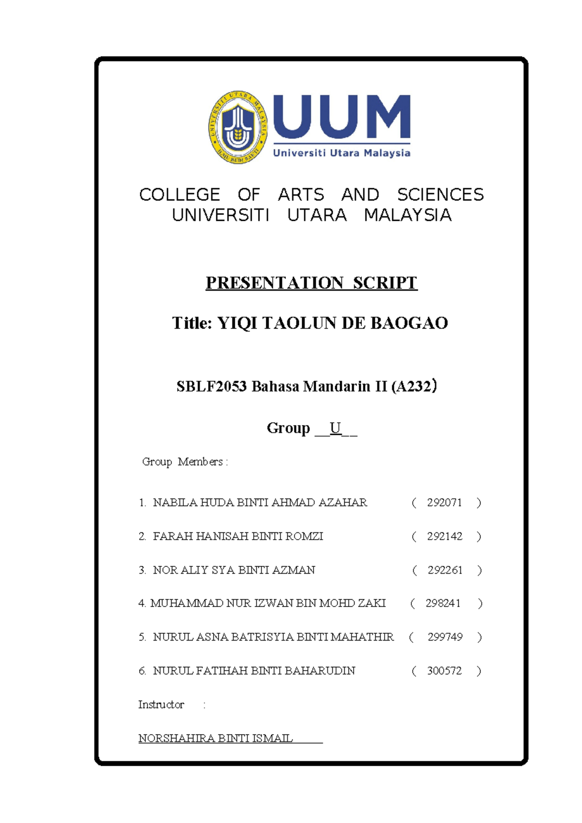 Presentation script mandarin ( kumpulan 2 real) - COLLEGE OF ARTS AND ...