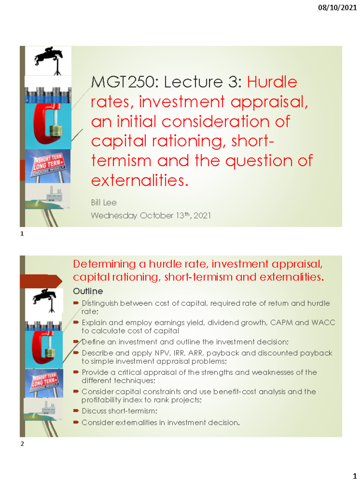 Lecture 3 Hurdle rates, investment appraisal, capital constraints