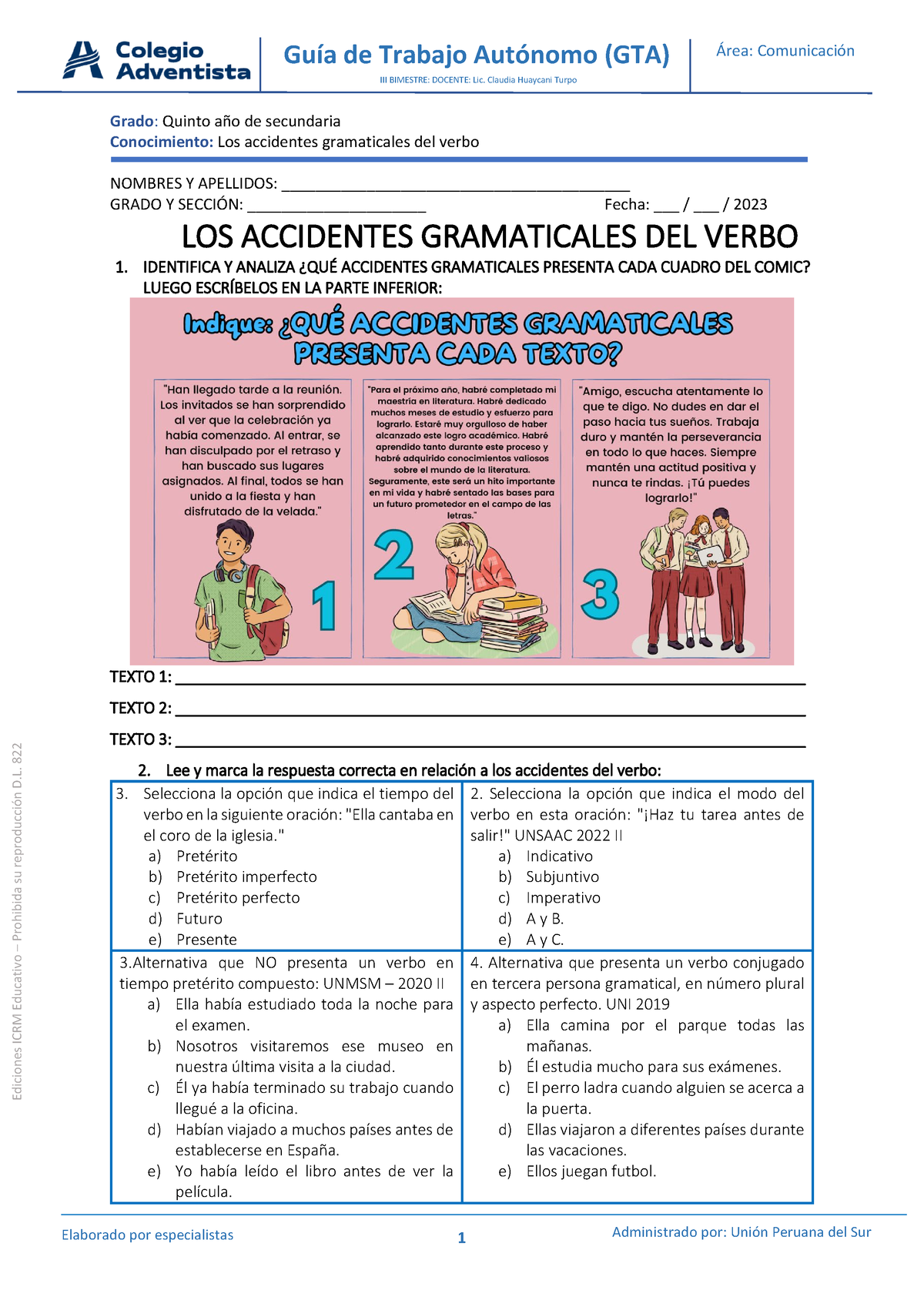 5TO Ficha Práctica - LOS Accidentes Gramaticales DEL Verbo - Ediciones ...