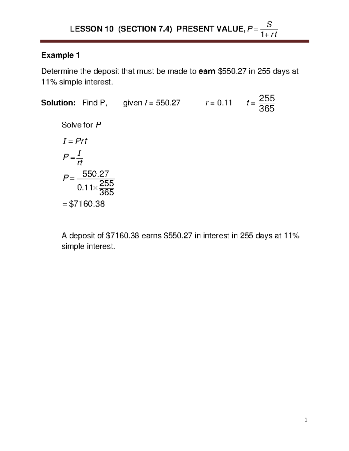 Lesson 10 7.4 Simple Interest Present Value winter 2021 - LESSON 10 ...