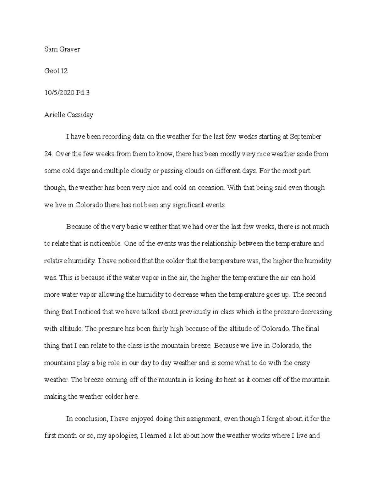 Weather log and Reflection Paper - Sam Graver Geo 10/5/2020 Pd. Arielle ...
