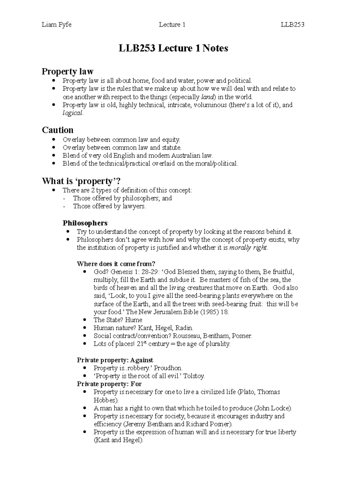 LLB253 Lecture 1 Notes - Introduction To Property Law - LLB253 Lecture ...