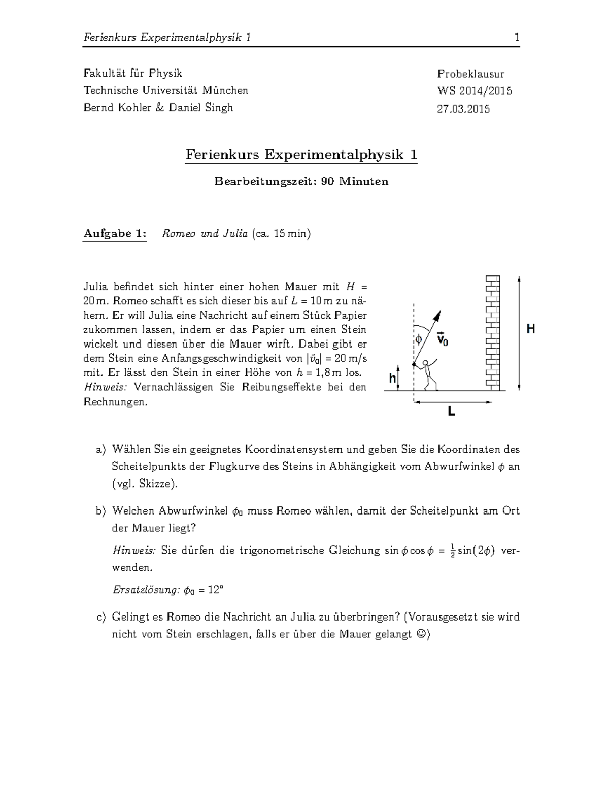 Probeklausur 27 März 2015, Fragen Und Antworten - 1 Ferienkurs ...