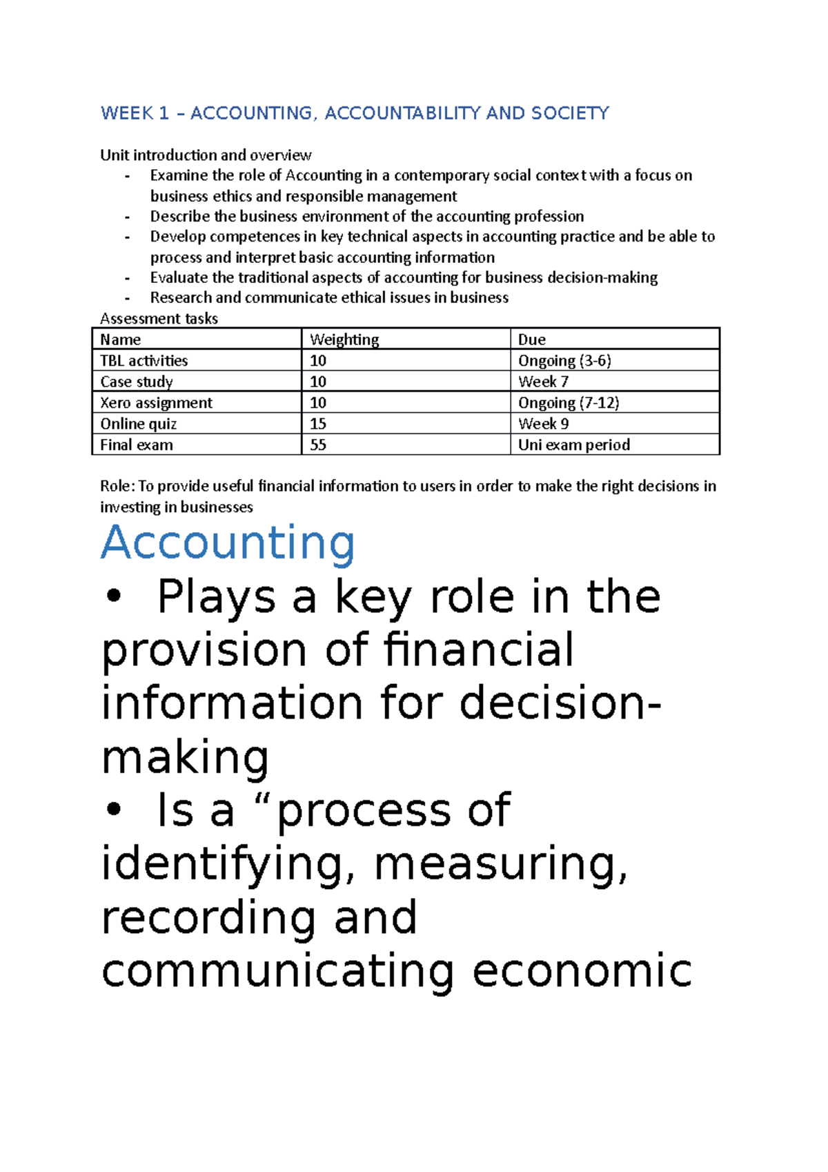 Accounting 100 Notes - WEEK 1 – ACCOUNTING, ACCOUNTABILITY AND SOCIETY ...