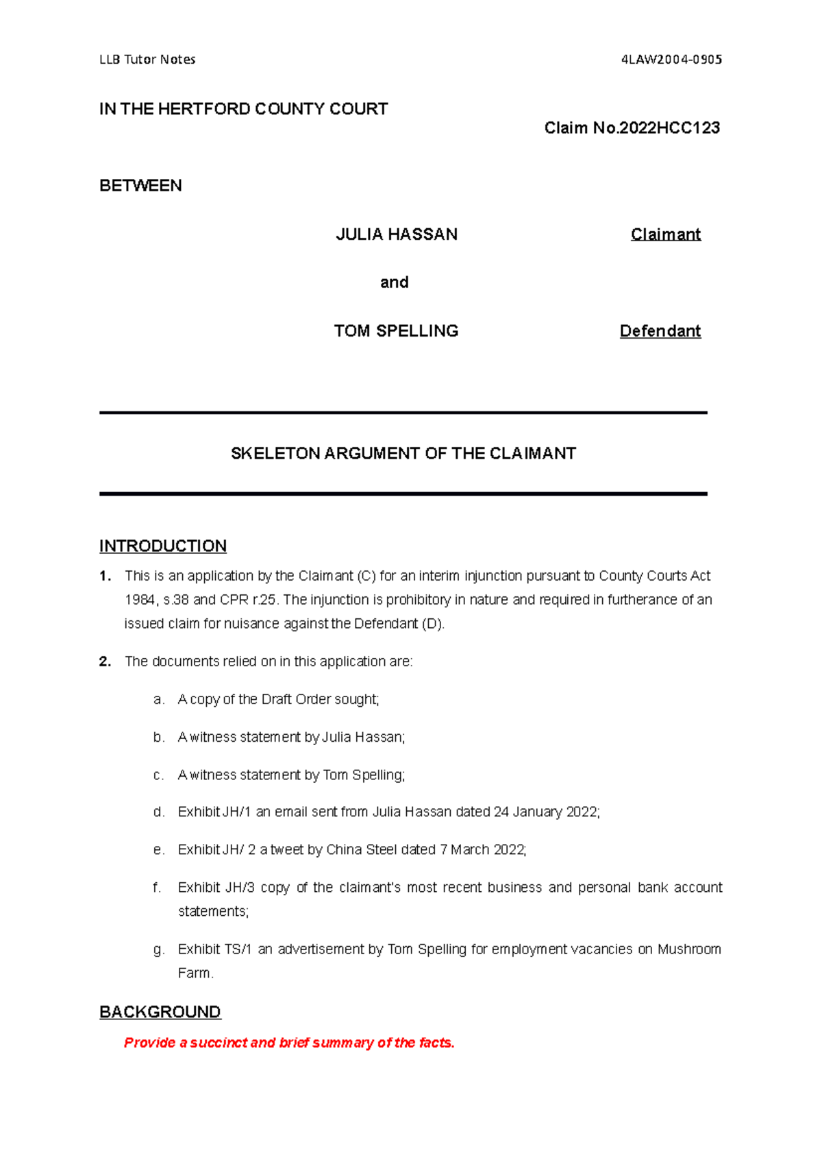 template-skeleton-argument-for-claimant-2-llb-tutor-notes-4law2004