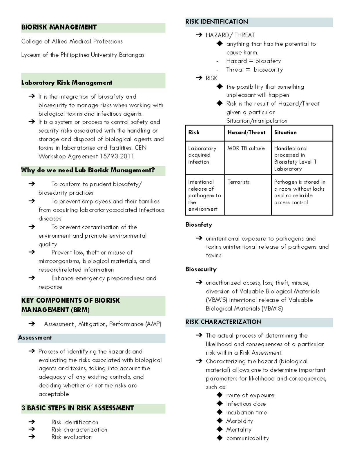 Biorisk Management BS Medical Laboratory Science Studocu