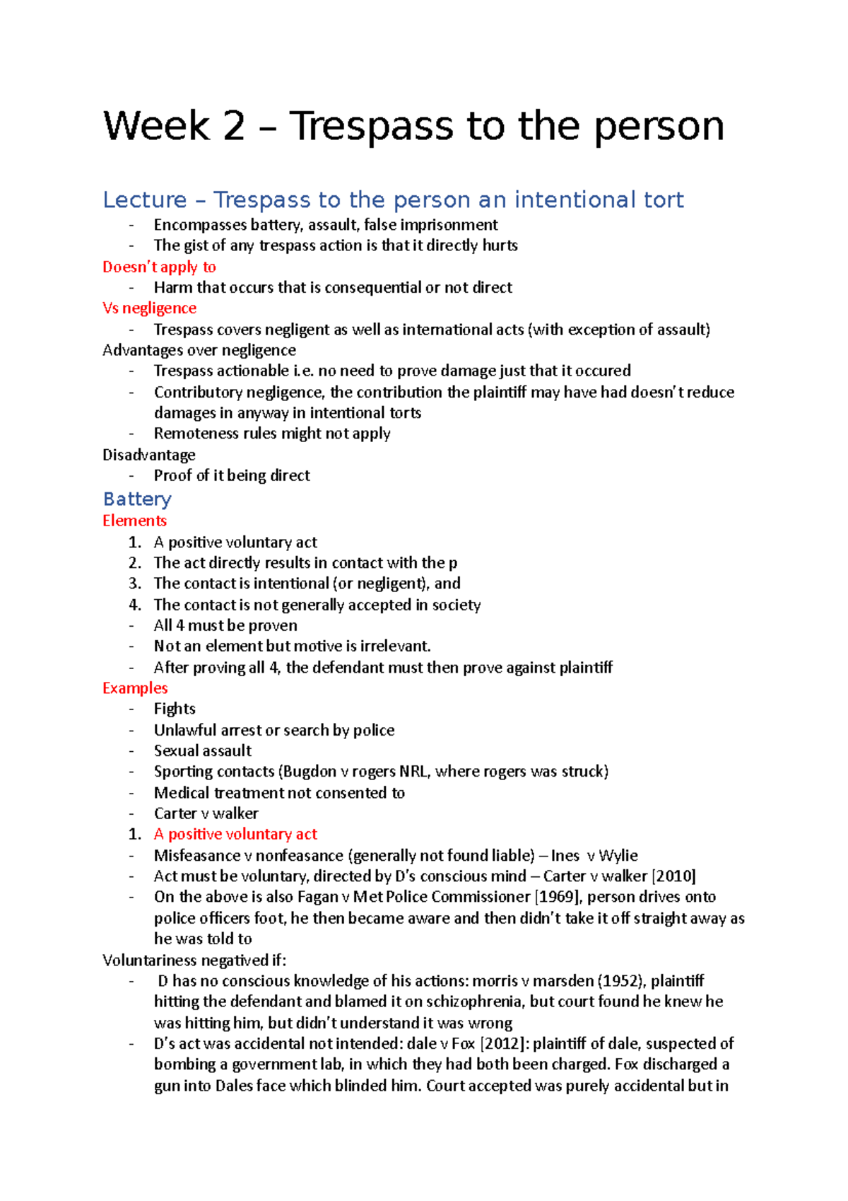 Week 2 - TOrts - Week 2 – Trespass to the person Lecture – Trespass to ...