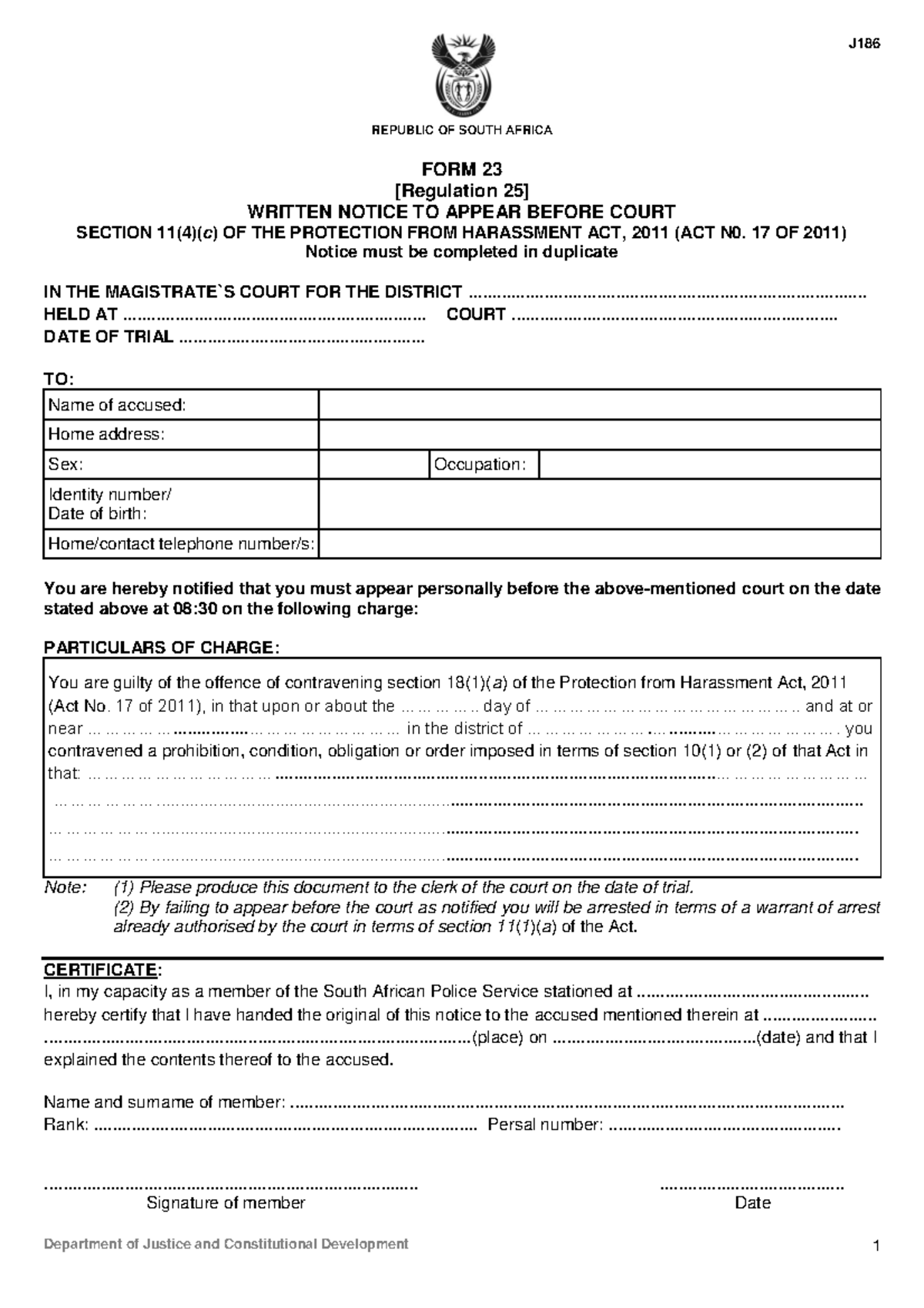 J186-form23 - Masters forms - Department of Justice and Constitutional ...