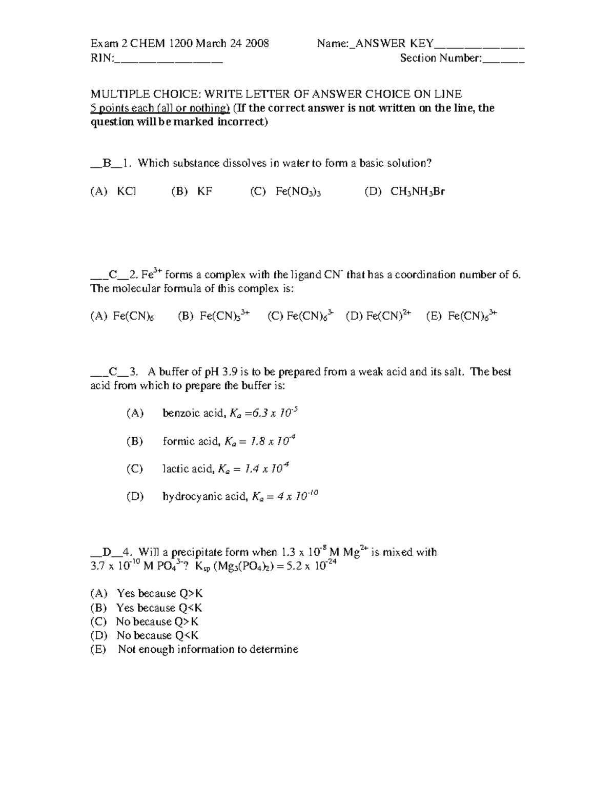 Exam 2 2014 - Exam 2 CHEM 1200 March 24 2008 Name:ANSWER KEY ...