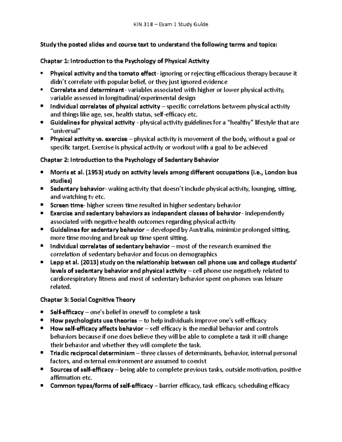 Exam 1 Study Guide - KIN 318 – Exam 1 Study Guide Study the posted ...