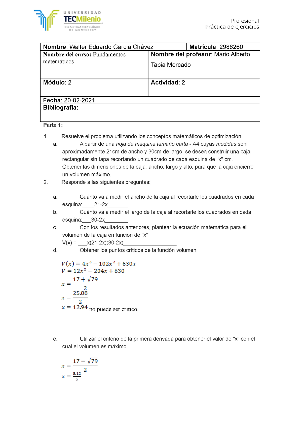 Act2 Fundamentos Matematicos Práctica De Ejercicios Nombre Walter Eduardo Garcia Chávez 6530