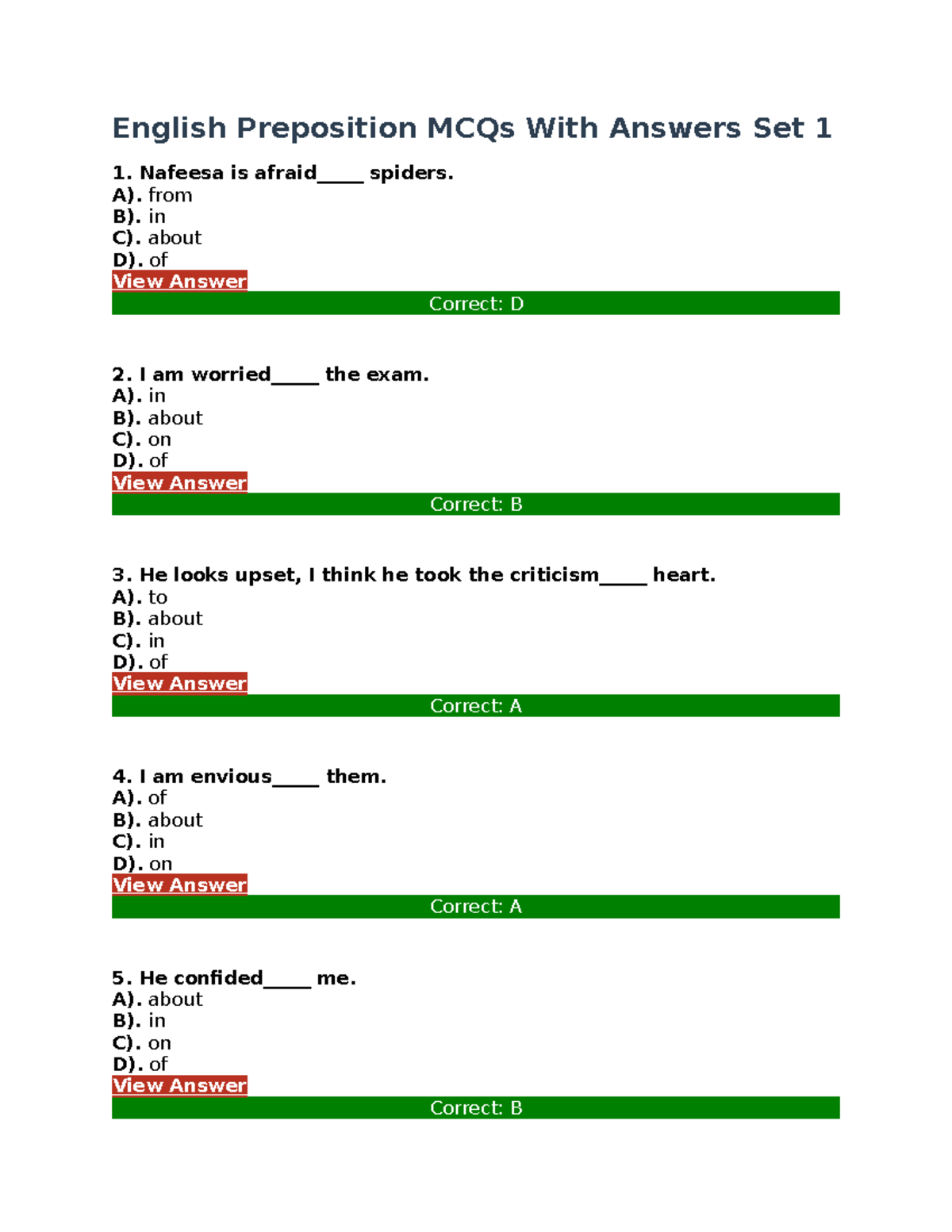 Preposiion MCQS - Preposion - English Preposition MCQs With Answers Set ...