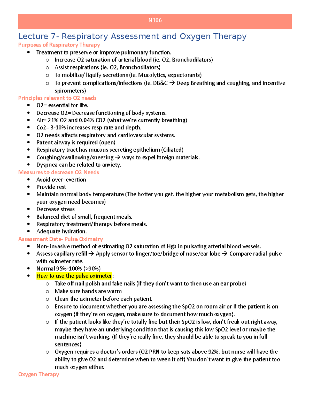 L7- Respiratory Assessment and Oxygen Therapy - N106 Lecture 7 ...