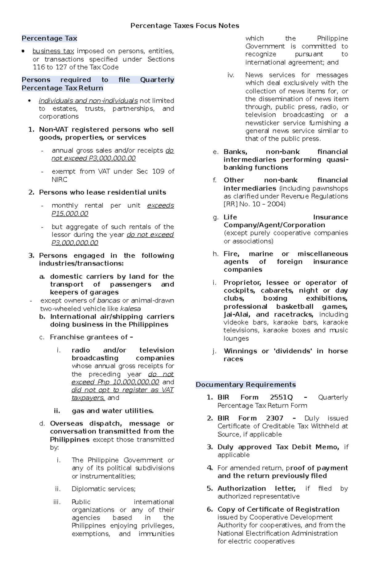 Percentage Taxes in the Philippines Focus Notes - Percentage Taxes ...