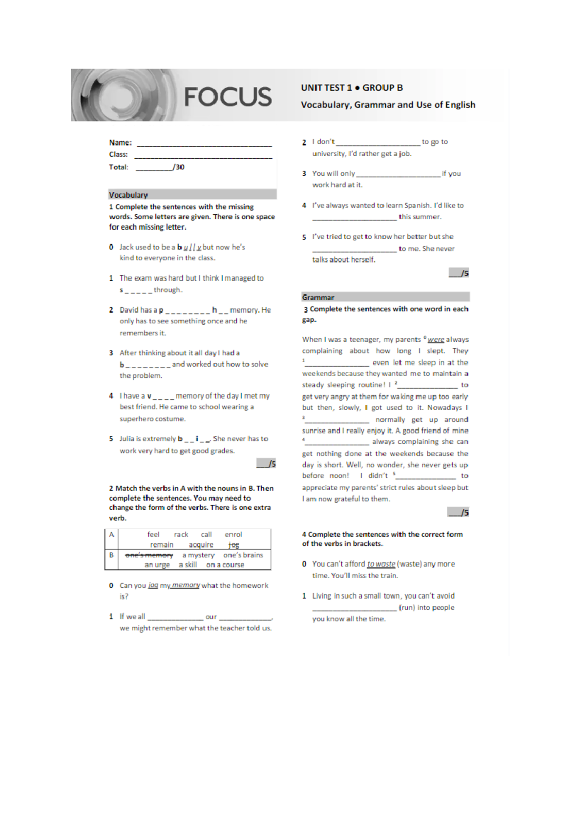 FOCUS 4 2e UNIT 1 TEST - Język angielski - Studocu