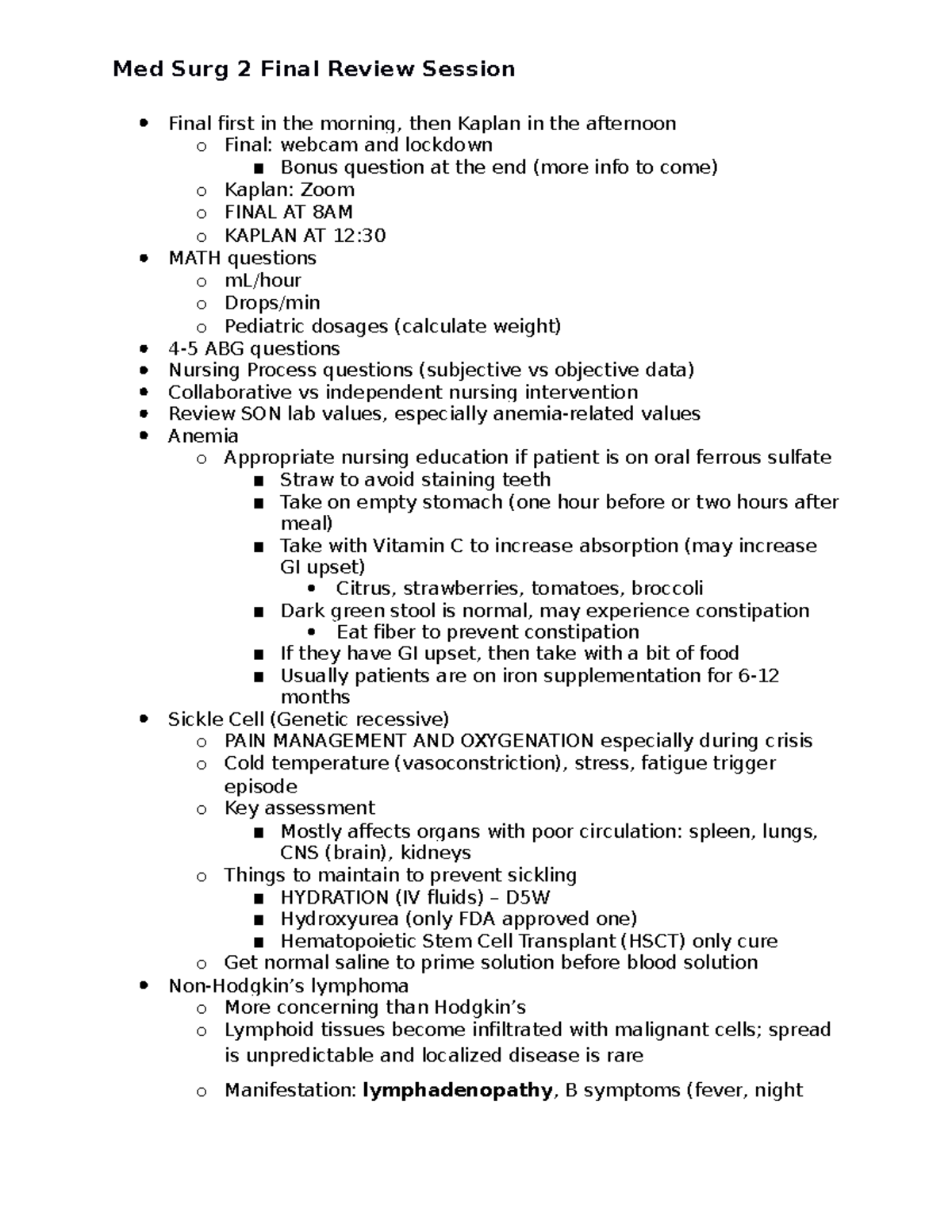 Med Surg 2 Final Review Session - · Final First In The Morning, Then ...