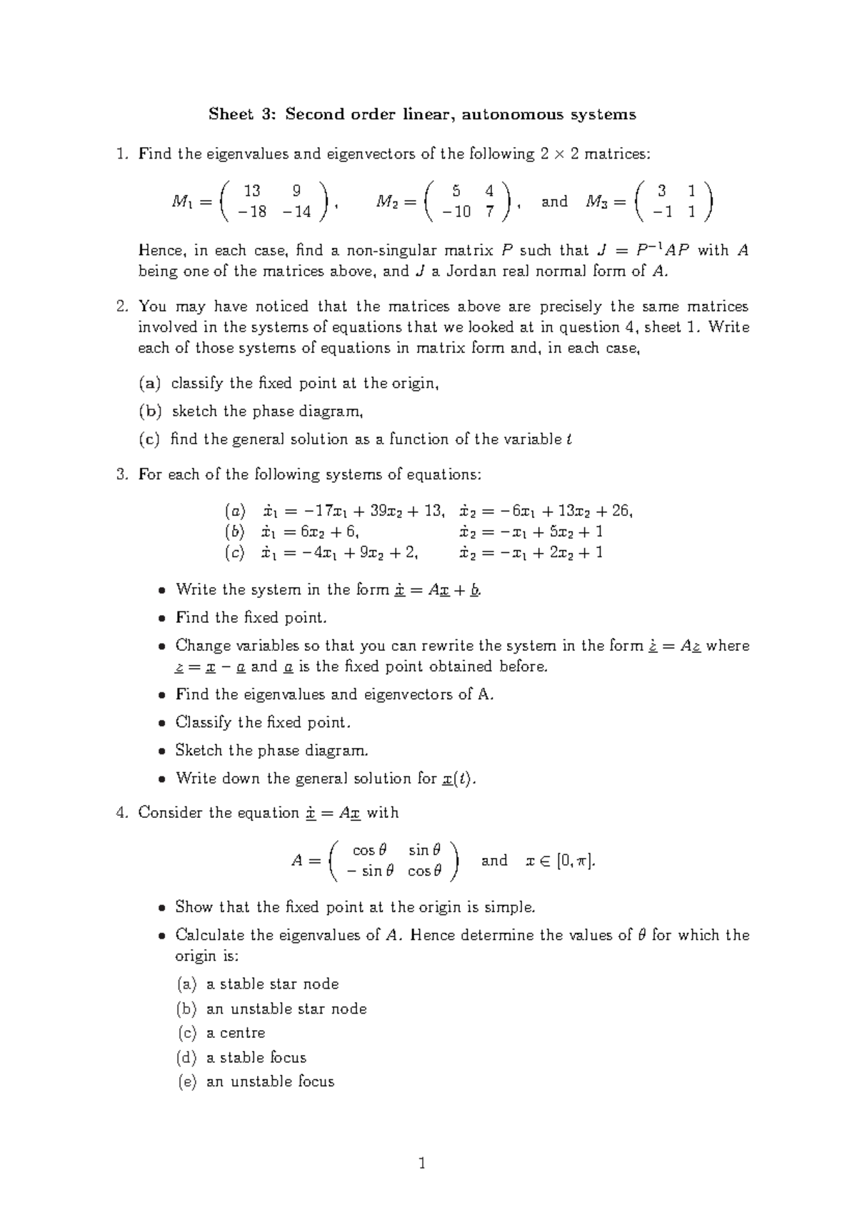 MATH134 Tutorial 3 - Sheet 3: Second order linear, autonomous systems 1 ...