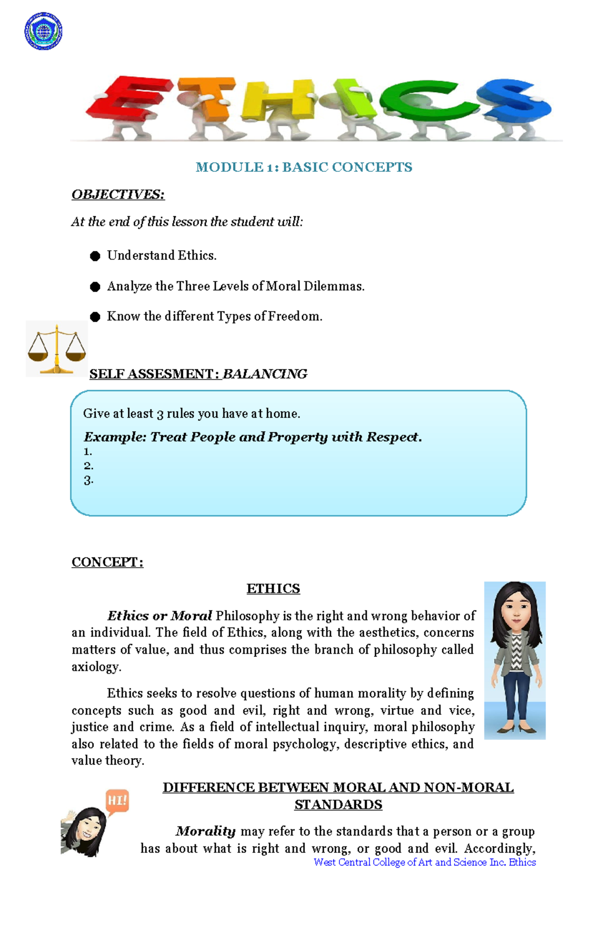 Module 1- Ethics - MODULE 1: BASIC CONCEPTS OBJECTIVES: At the end of ...