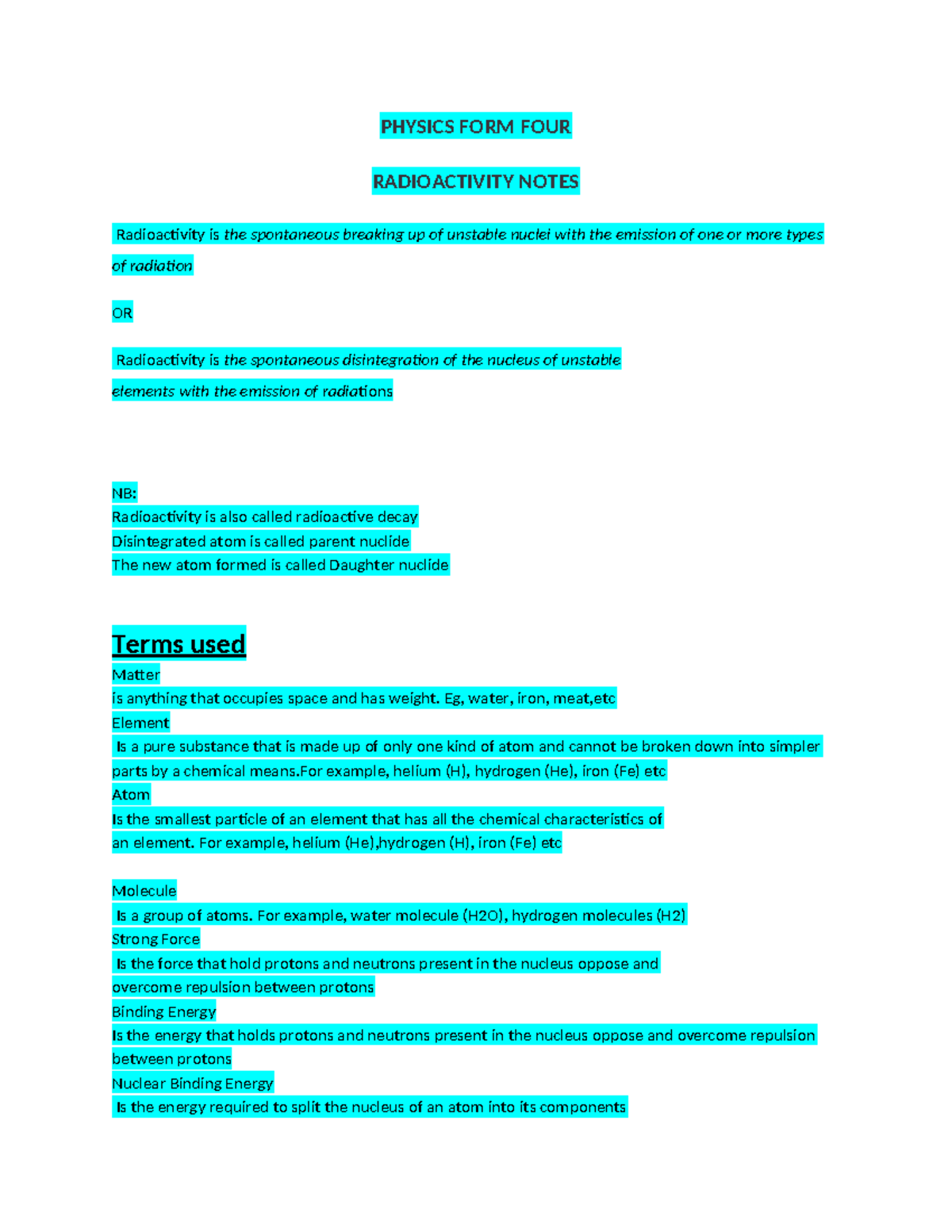 Radioactivity notes for olevel - PHYSICS FORM FOUR RADIOACTIVITY NOTES ...