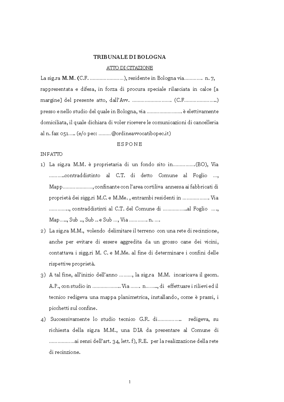 Atto di citazione esempio TRIBUNALE DI BOLOGNA ATTO DI CITAZIONE La