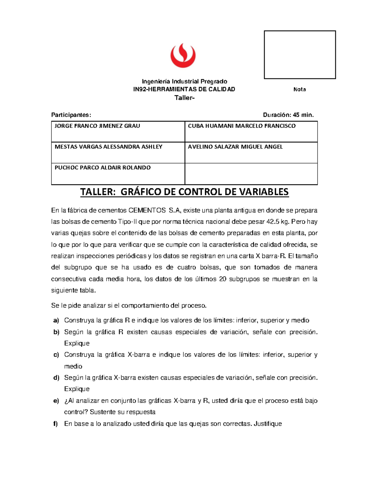 2022-1 HQ Taller 03 Grafico Control Variables X-R - Ingeniería ...