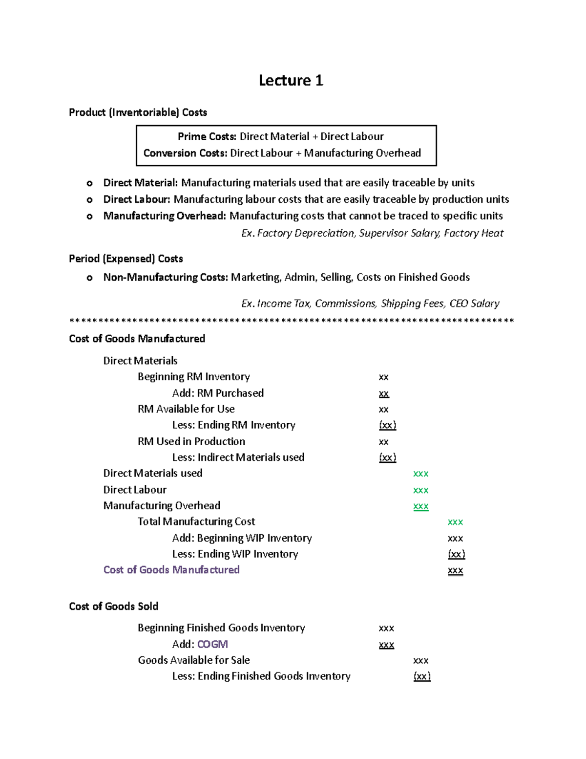 Accounting 424 Lecture 1 Product (Inventoriable) Costs Prime Costs