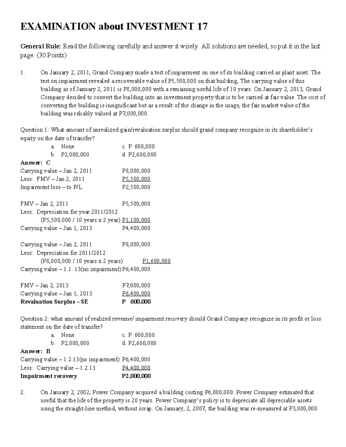 Exam on Investment - EXAMINATION about INVESTMENT 17 General Rule: Read ...