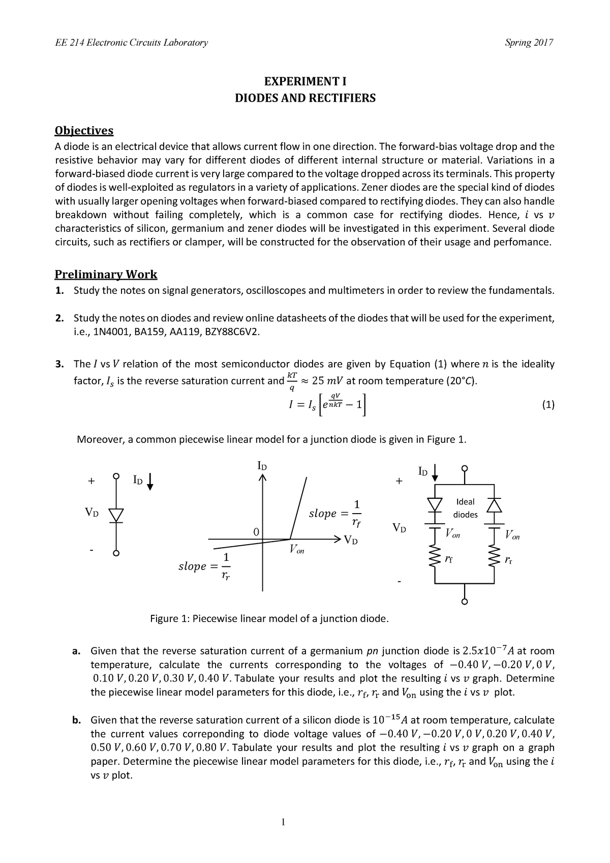 EE214 Experiment 1 Spring 2017 - EE 214 Electronic Circuits Laboratory ...