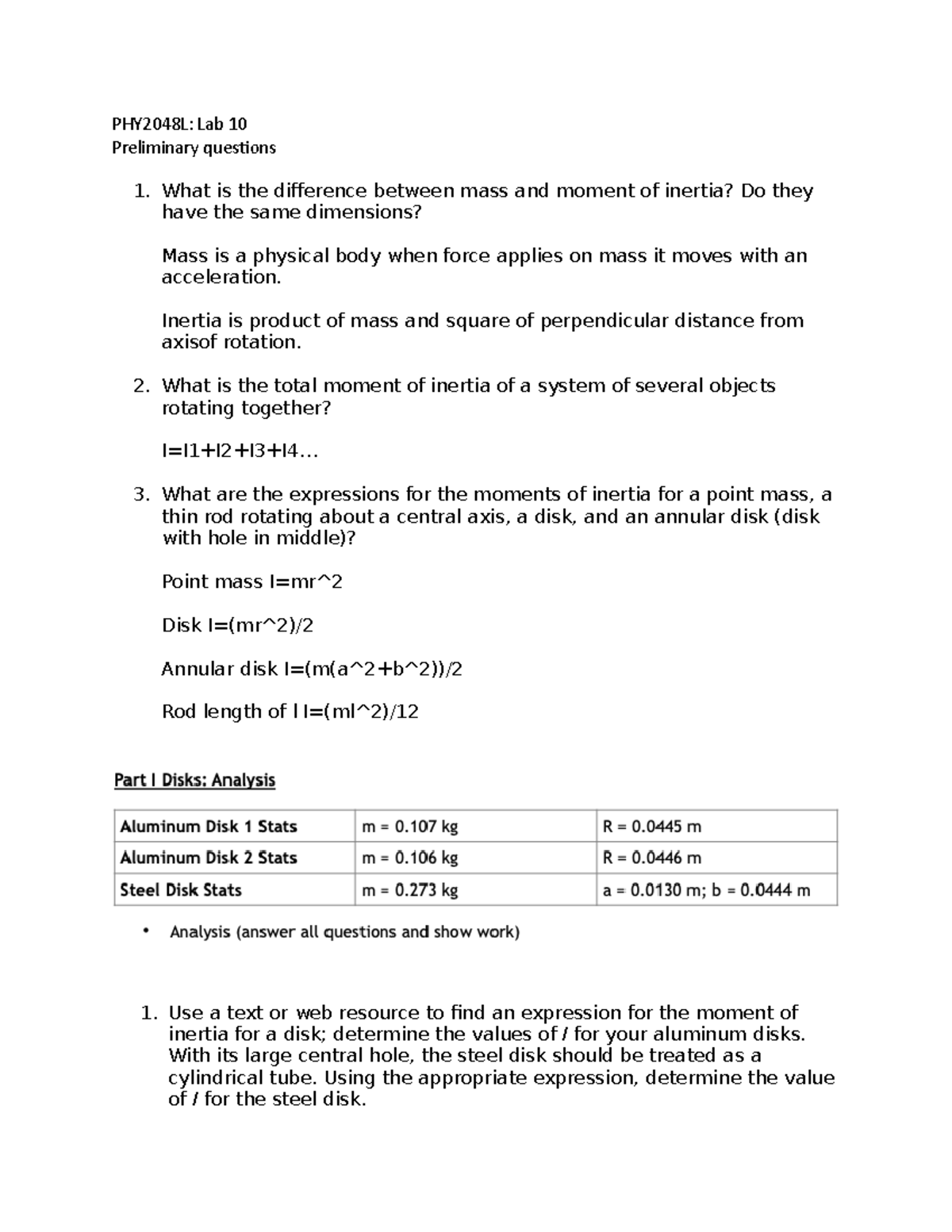 PHY2048L lab 10 - PHY2048L: Lab 10 Preliminary questions What is the ...