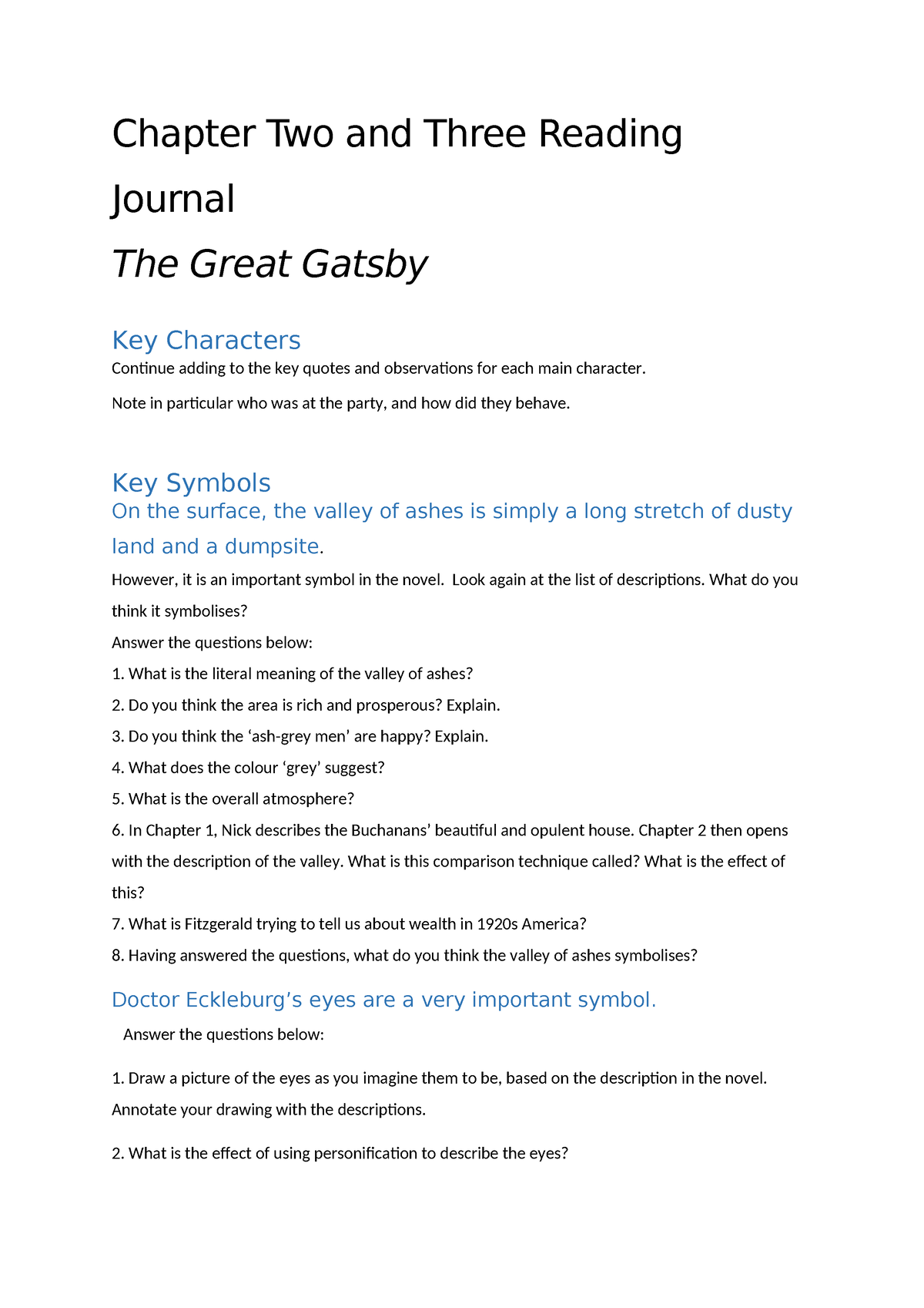 4.2 Homework - Chapter 2 and 3 Reading Journal The Great Gatsby ...