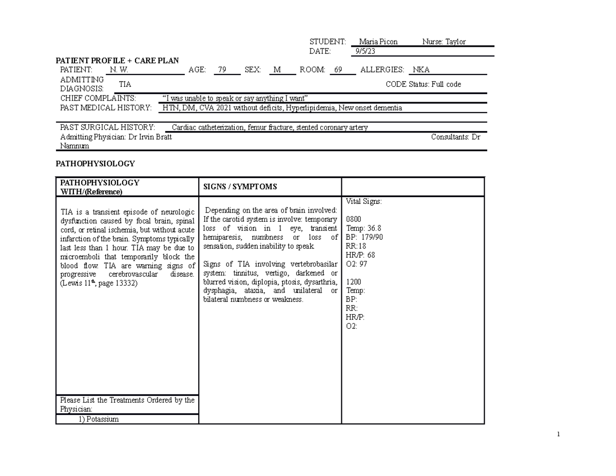 Patient profile 1 cardio - STUDENT: Maria Picon Nurse: Taylor DATE: 9/5 ...