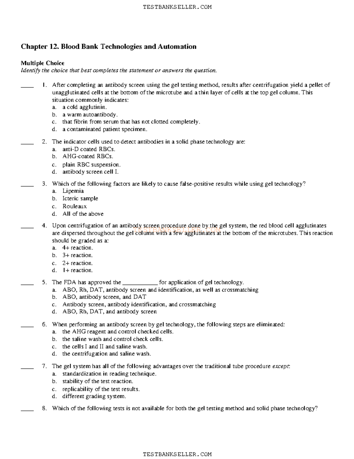 Ch12 - Blood Bank Test - T E S T B A N K S E L L E R. C O M Chapter 12 ...