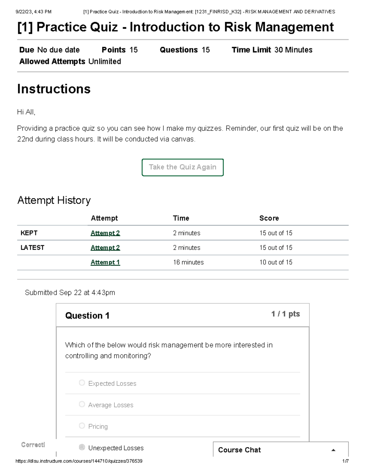 Practice Quiz - Introduction to Risk Management [1231 Finrisd K32 ...