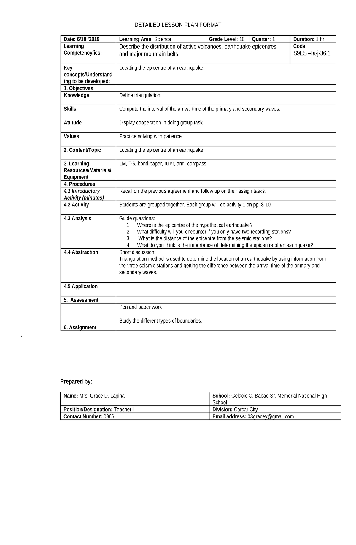 Location of earthquake - DETAILED LESSON PLAN FORMAT ` Prepared by ...