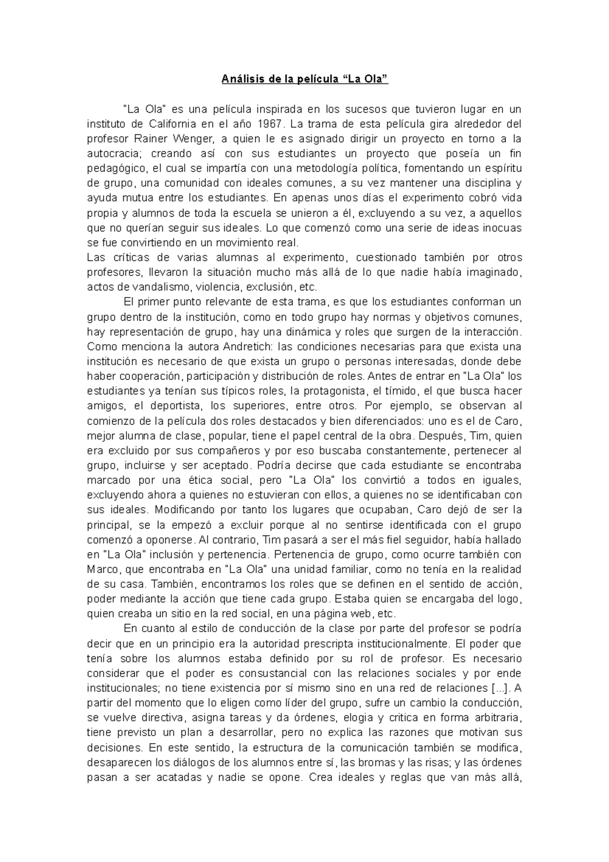 Analisis De La Pelicula La Ola Analisis De La Pelicula La Ola La Ola Es Una Pelicula Studocu