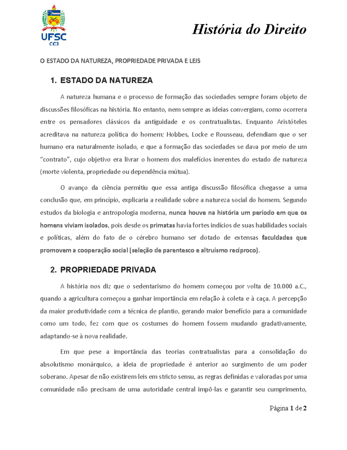 Hist Ria Do Direito Estado De Natureza Do Direito O Estado Da Natureza Propriedade Privada