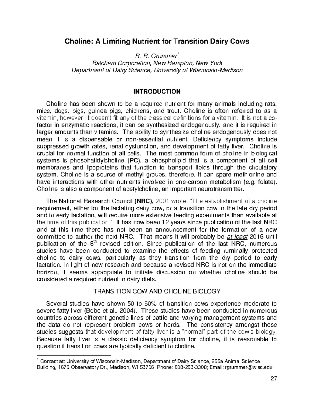 Choline A Limiting Nutrient For Transition Dairy Cows - R. Grummer 1 ...