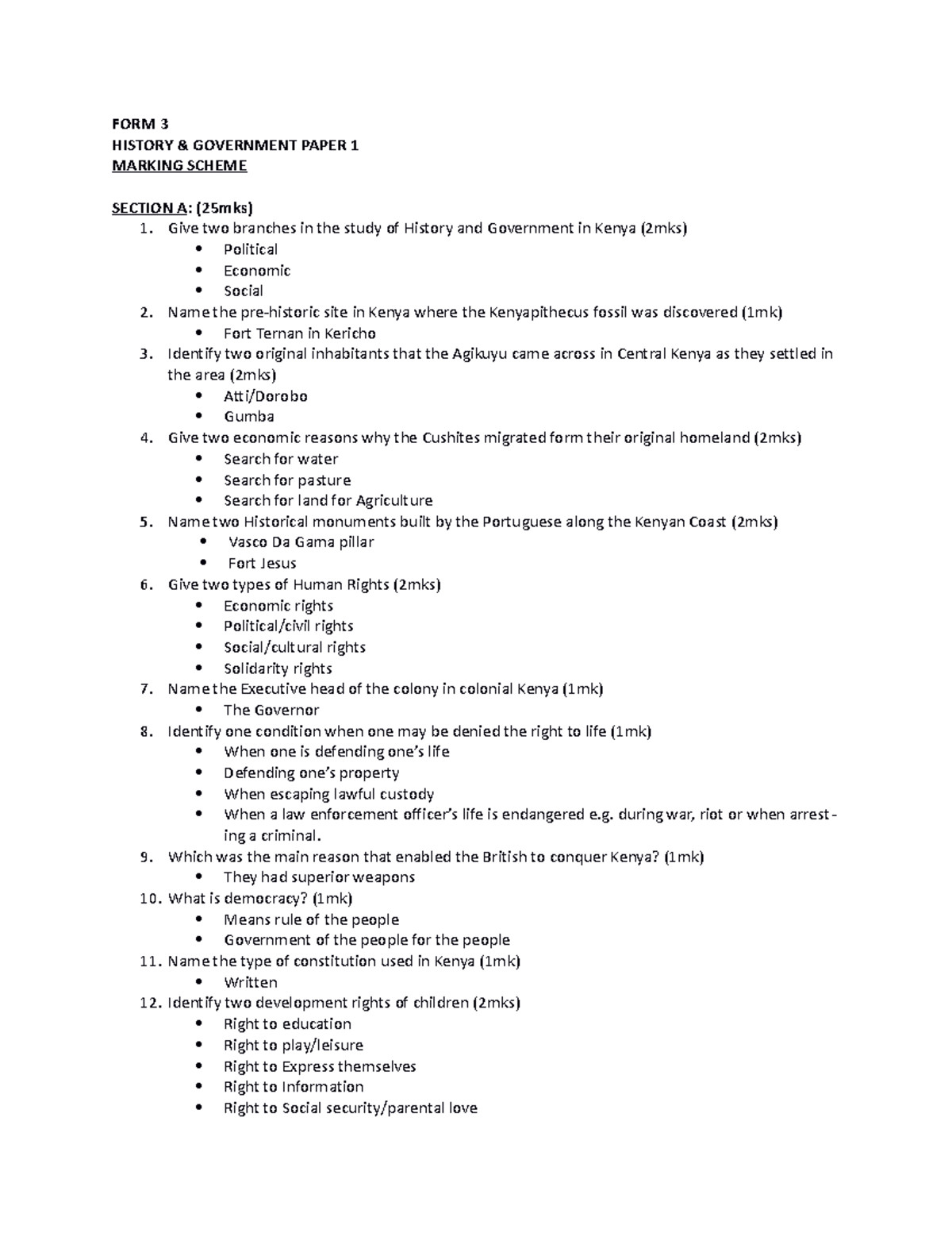 History F3 PP1 Marking Scheme FORM 3 HISTORY GOVERNMENT PAPER 1 