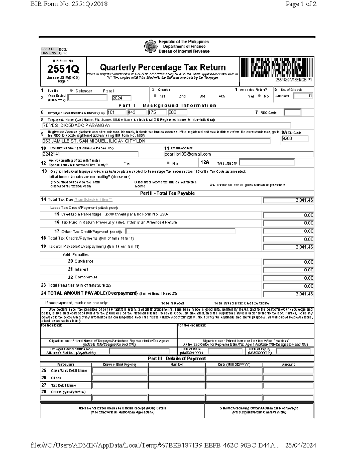 2024 Q1 P1 - Read only - BIR Form No. 2551Q January 2018(ENCS) Page 1 ...