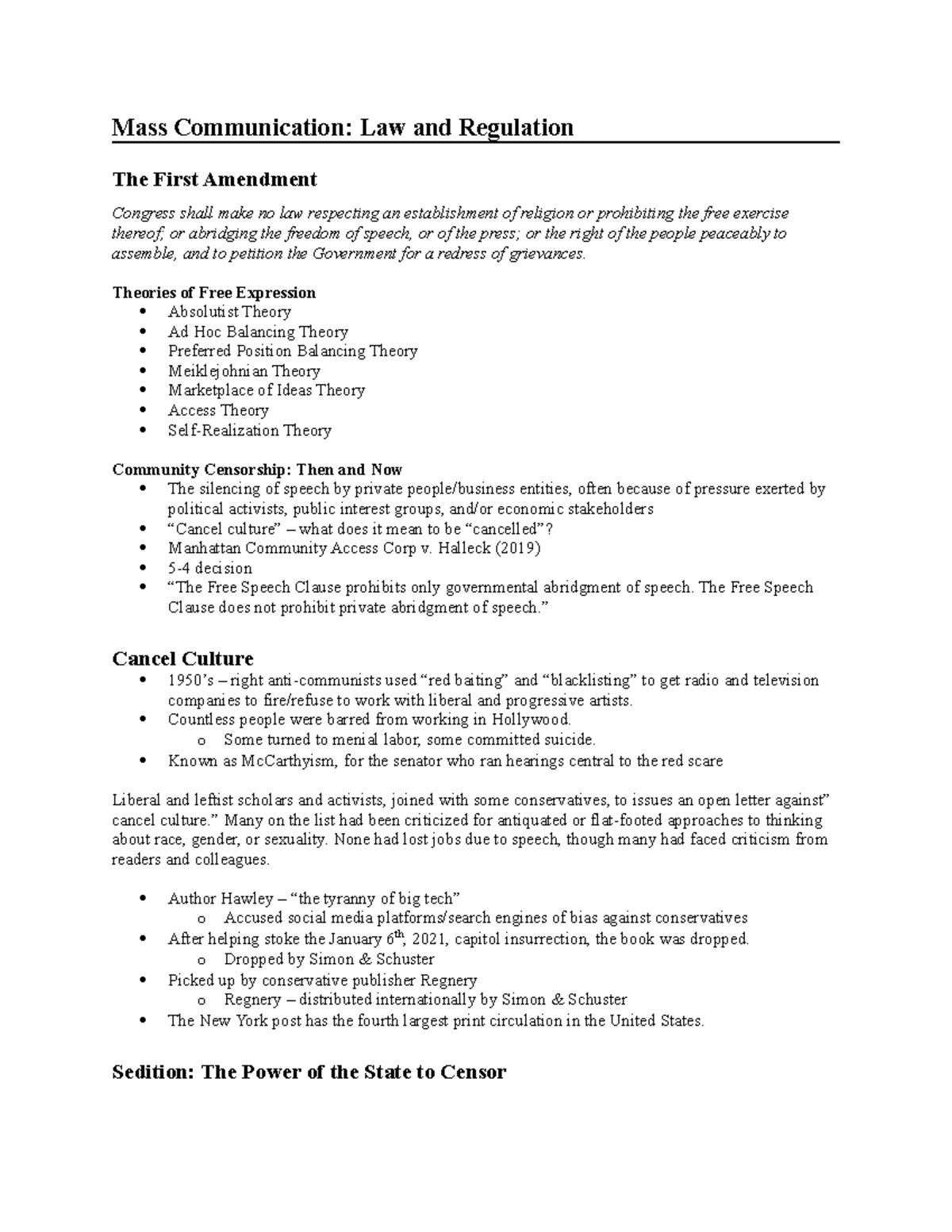 4 The 1st Amendment, Cancel Culture, and Sedition Mass