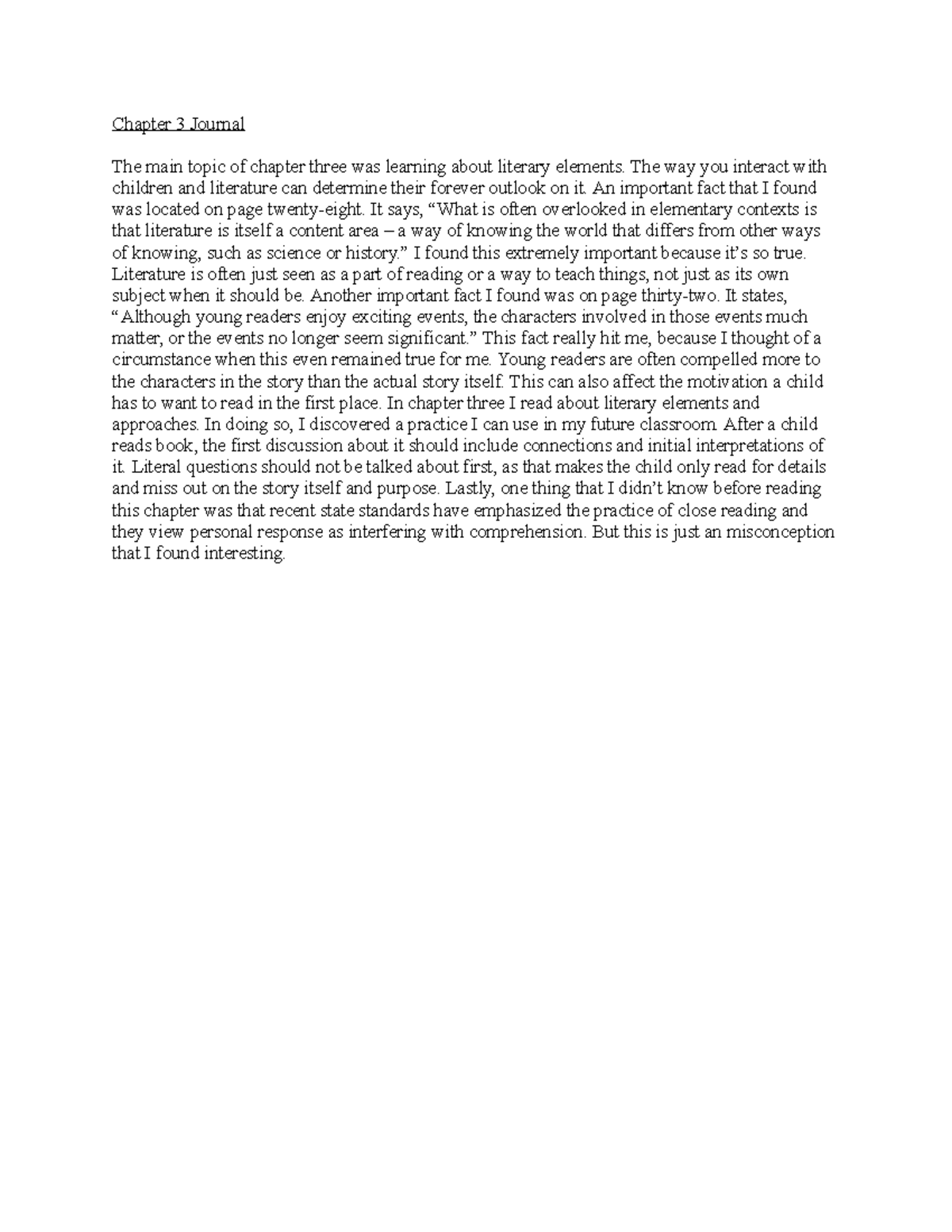 Children's Literature- Chapter 3 Journal - Chapter 3 Journal The main ...