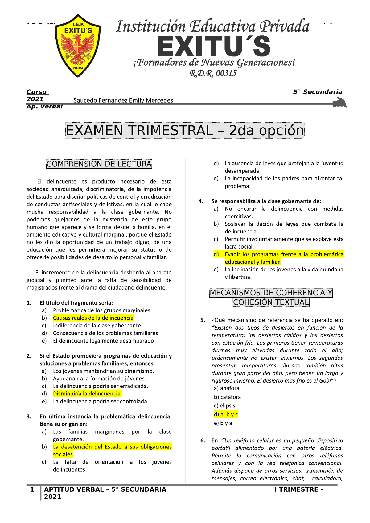 Examen 5° AÑO Virtual - 5°B - Éxito” Curso 5° Secundaria 2021 Ap ...