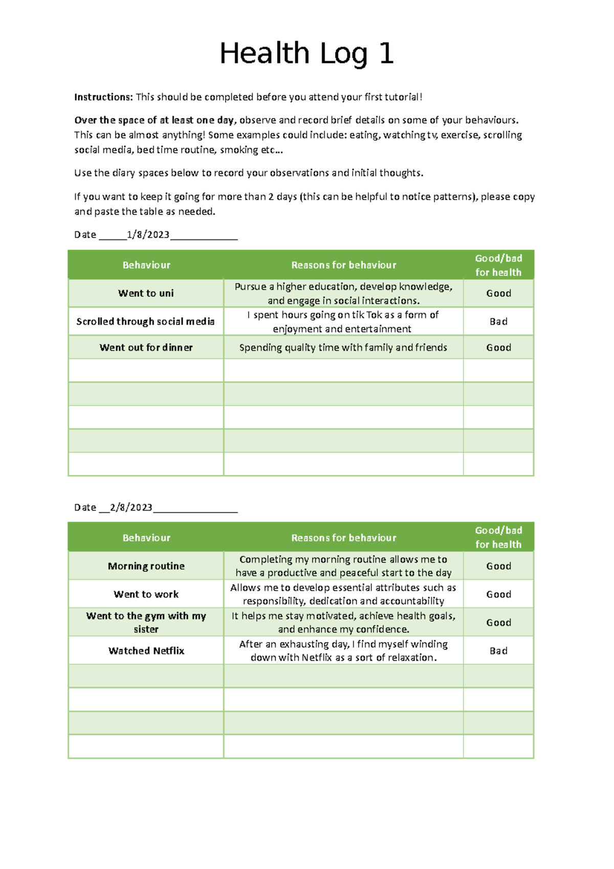 Module 2 Tutorial 1 Workbook Activity - Health Log 1 - Health Log 1 ...