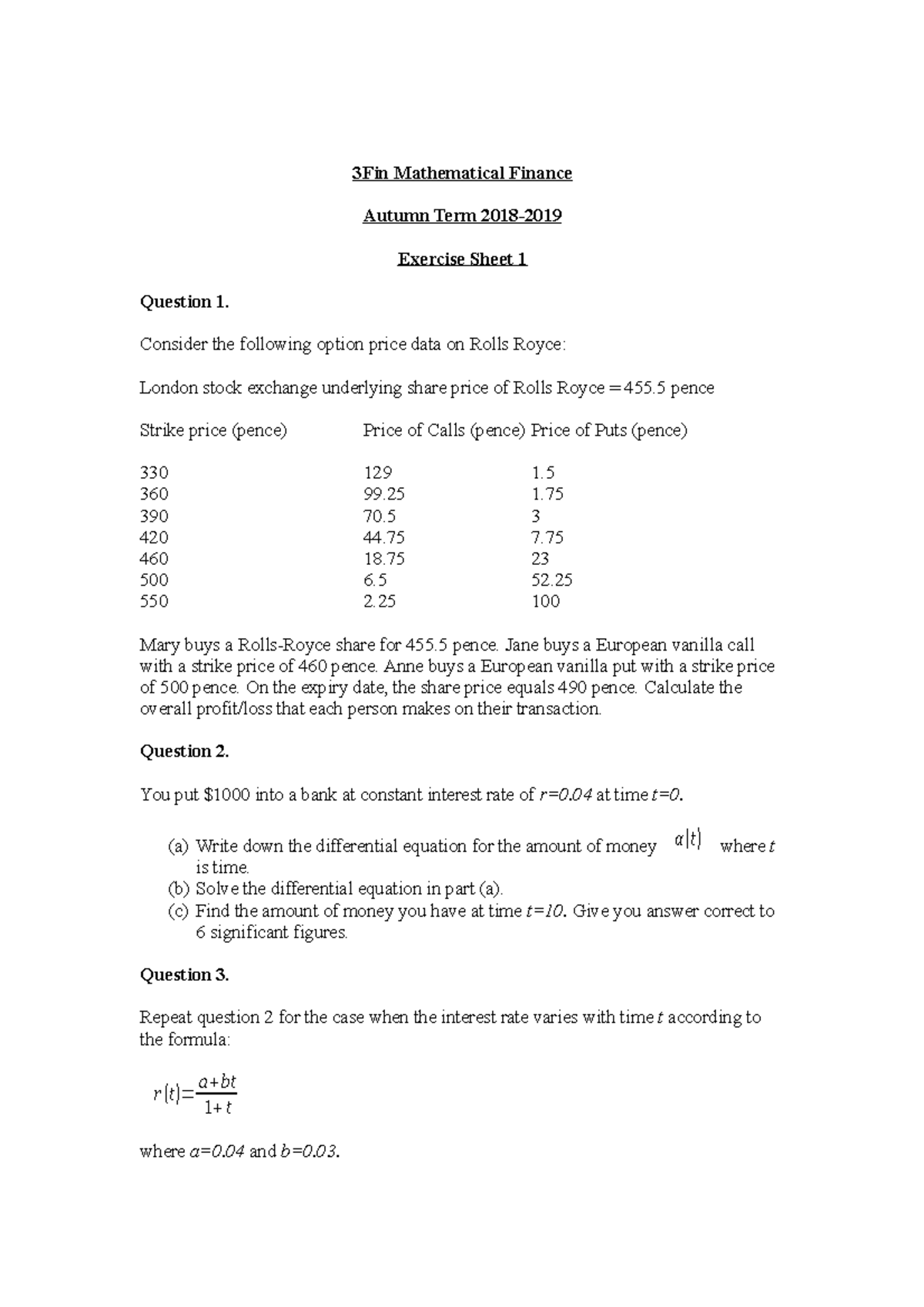 Problem Sheet 1 - 3Fin Mathematical Finance Autumn Term 2018- Exercise ...