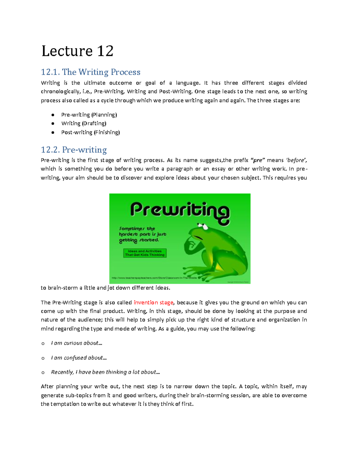 HUM120 Handouts Lecture 12 - Lecture 12 12. The Writing Process Writing ...