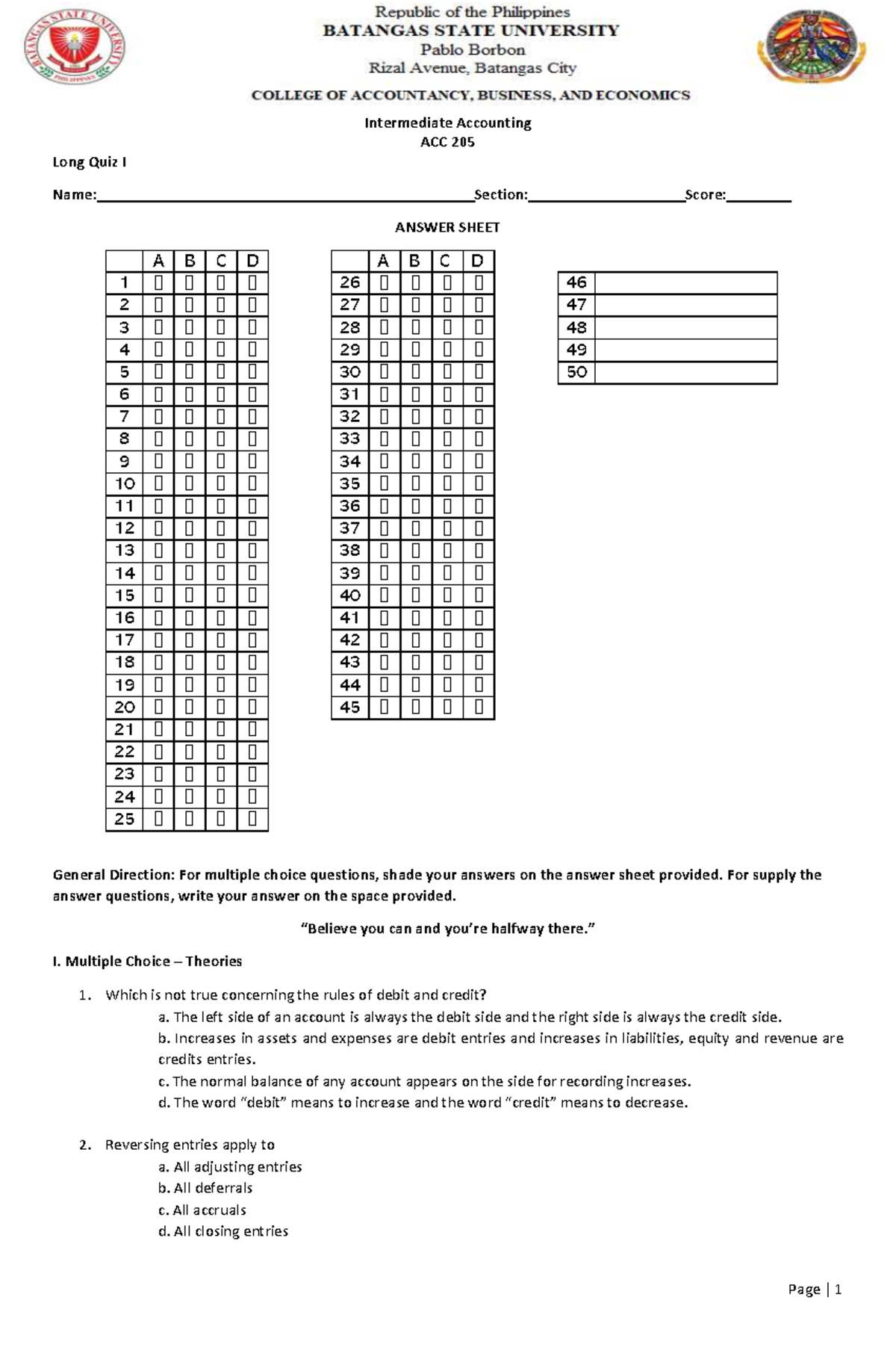 Long Quiz I Revised - Quiz Intermediate Accounting - Intermediate ...