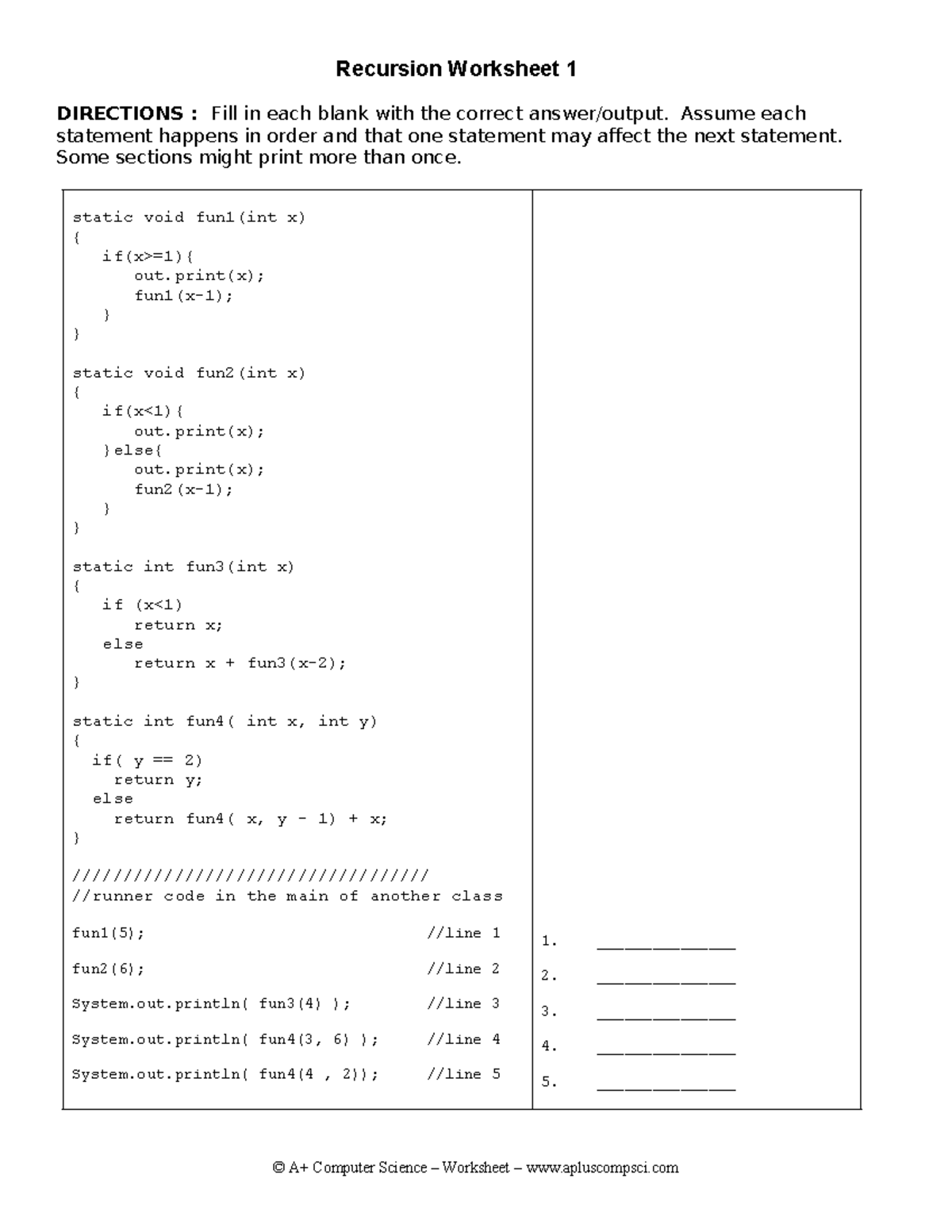 Recursion worksheet - Assume each statement happens in order and that ...