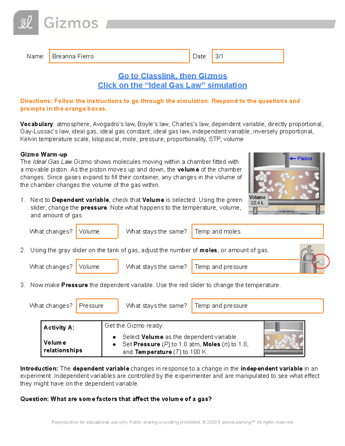 Breanna Fierro Ideal Gas Law Gizmo Classwork 22931 14743988 Name